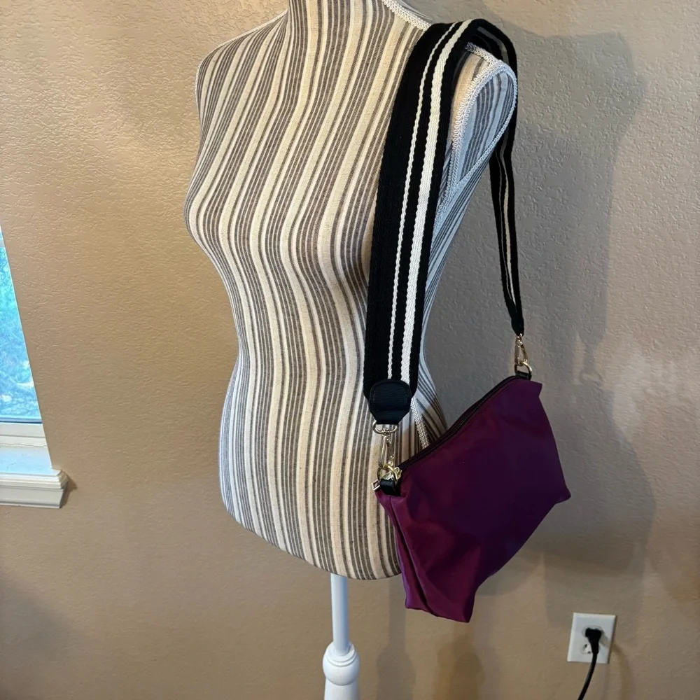 Nylon Crossbody Bag Purple Black White Striped Strap Gold-tone Hardware Zip Top